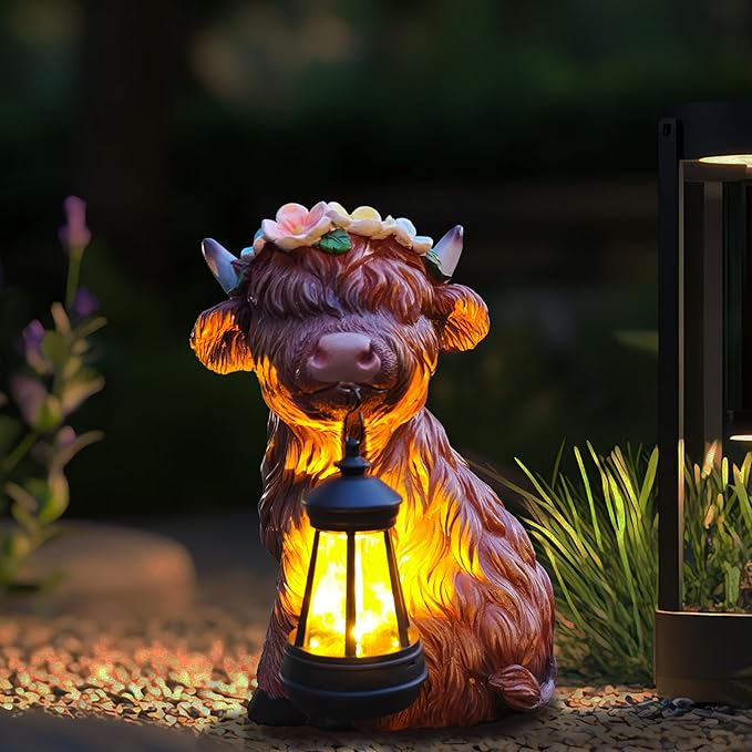 Garden Highland Cow Statue Solar Outdoor Decor with Flower Decoration，Funny Triple Highland Cow Decor Birthday Gifts for Women Mom，Highland Cows Figurine for Yard Garden Patio Lawn Ornaments
