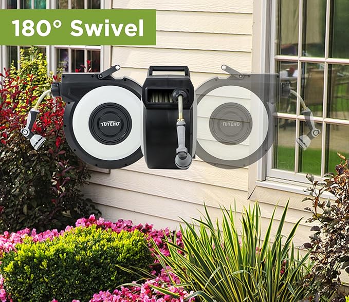 Tuyeho Retractable Garden Hose Reel 90 FT, Wall Mount Heavy Duty Water Hose Reels with Automatic Slow Rewind System, Outdoor Hoses Reel with 2 Hose Nozzles for Garden Watering, Car Wash, Pet Shower