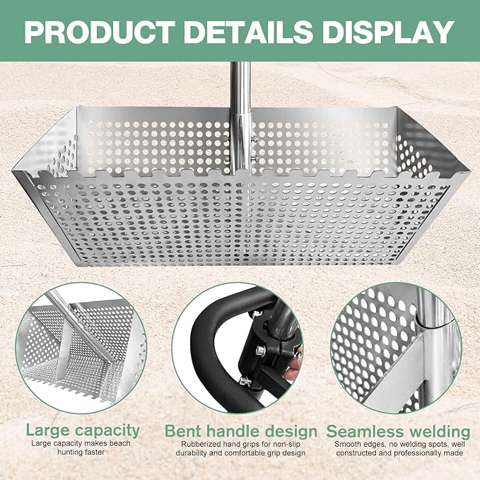 Sand Flea Rake - Heavy Duty Stainless Steel Sand Scoop Detachable 47" Long Handle Sand Sifter for The Beach with 16" Width Basket Metal Detecting Tool for Collecting Shark Teeth (Silver)
