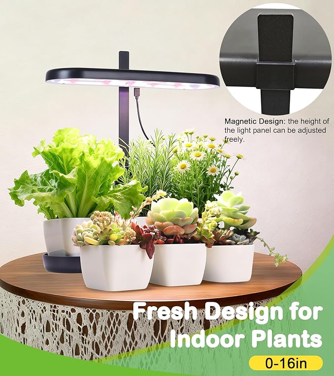 Grow Lights for Indoor Plants, 20W Full Spectrum LED Grow Lamp for Indoor Garden with Intelligent Controller, Height Adjustable, Ideal for Home Desk Plant Lighting (Black, ABS Base)