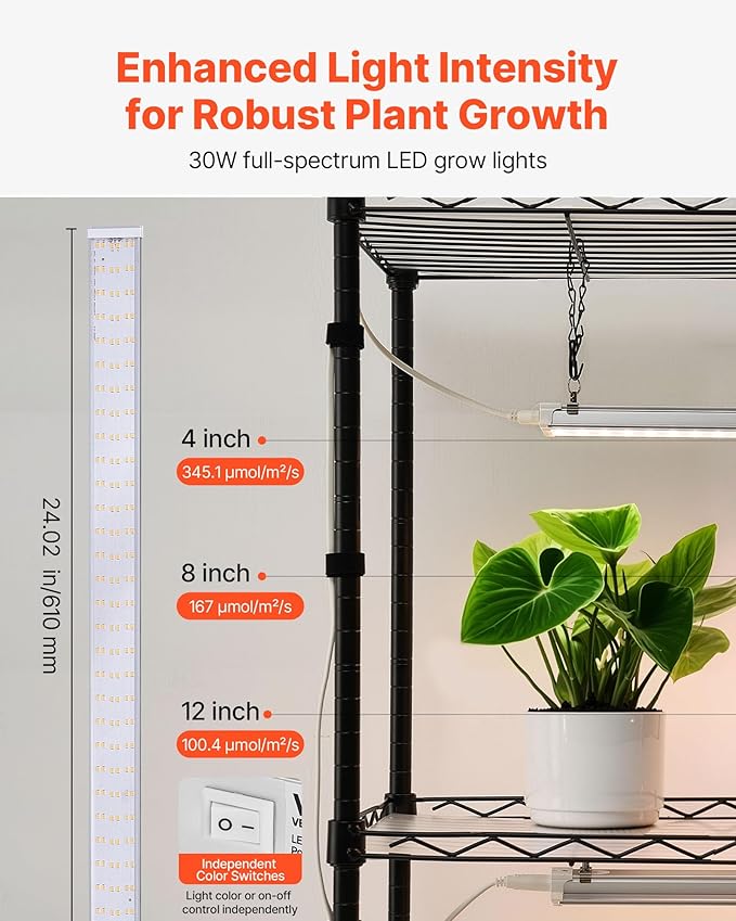 VEVOR Plant Shelf with Grow Light, 4-Tier Indoor Plant Stand, 59in Tall Plants Display Rack with Wheels, 90W 3-Color Full Spectrum Grow Lights, Heavy Duty Metal Flower Pot Holder for Seed Starting