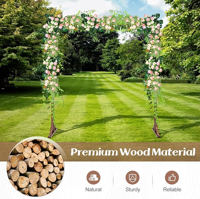 S AFSTAR 7.2FT Square Wedding Arch Frame Wooden, Balloon Floral Arch Stand W/Triangular-Shaped Base, 4 U-Shaped Stakes, Indoor Outdoor Wood Arbor Backdrop Stand for Wedding Ceremony Party