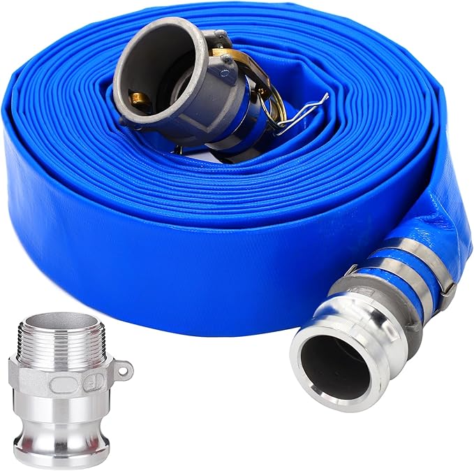 DAVCO 2" ID × 100 ft PVC Lay Flat Discharge Hose, Heavy Duty Reinforced Blue Pool Backwash Hoses For Swimming Drain Pools, with Aluminum Camlock C and E Fittings, Cam Lock Fitting Type F included