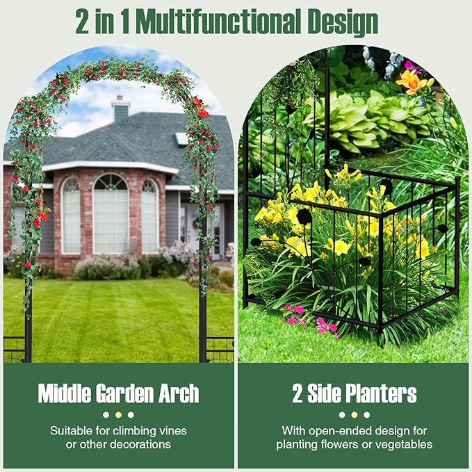 Moccha Garden Arbor with Planters - 86'' Metal Arbor Trellis for Climbing Plants, Ivy, Vines, Outdoor Archway Pergola with 8 Ground Stakes, Garden Arch for Wedding Ceremony Decoration Lawn Patio