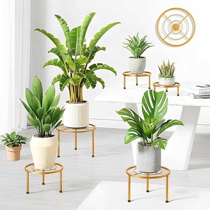 5 Pack Metal Potted Plant Stands,Flower Pot Stand Holder,Heavy Duty Plant Shelf for Multiple Plant,Rustproof Planter Container Round Supports Display Rack for Home(GoldCircle)