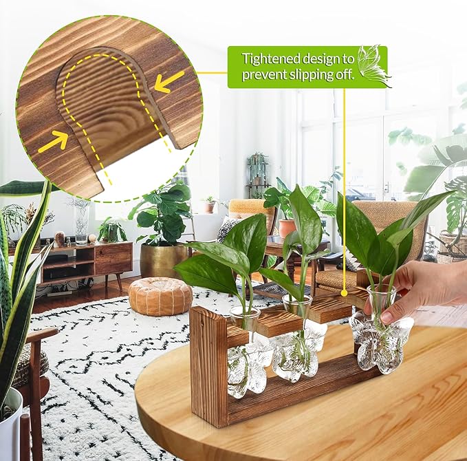 Glass Plant Propagation Station Butterfly Planter Vase with Wooden Stand Birthday Gifts for Women Mom Plant Lovers Office Home Decoration