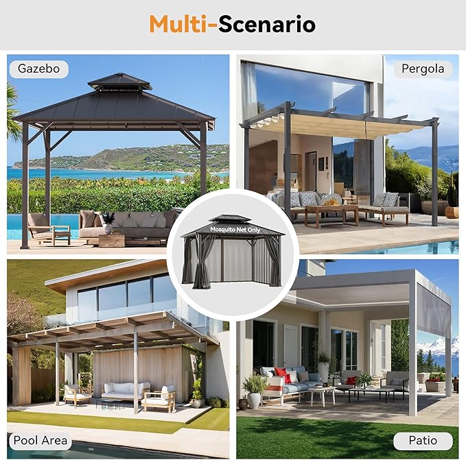 Universal Gazebo Mosquito Netting Replacement - 10' x 12' 4-Panel Screen Walls with Double Zipper for Outdoor Patio Canopy Garden Gazebos, Dark Brown and Black