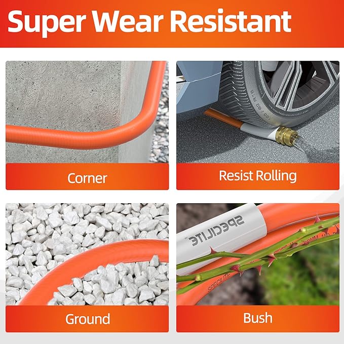 SPECILITE Garden Water Hose 75 ft x 5/8 in Heavy Duty, Flexible and Lightweight, Burst 600 psi, Kink-less Hybrid Rubber Pipe for Backyard, 3/4'' Brass Fittings, Orange