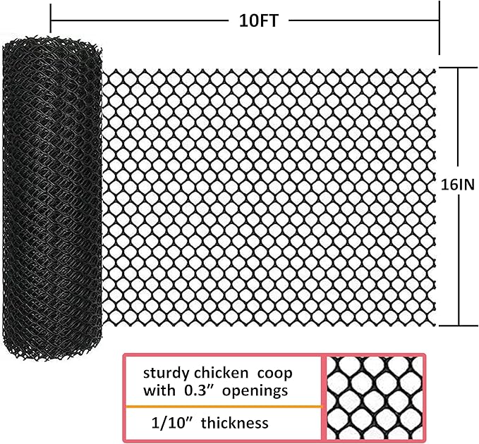 Upgraded Plastic Chicken Wire Fence Mesh(16INx10FT) - Black/Green/White Colors 0.3" Openings,for Garden Net, Poultry Fencing, Chicken Wire Frame,Animal Cage Fence,Floral Netting (Black)