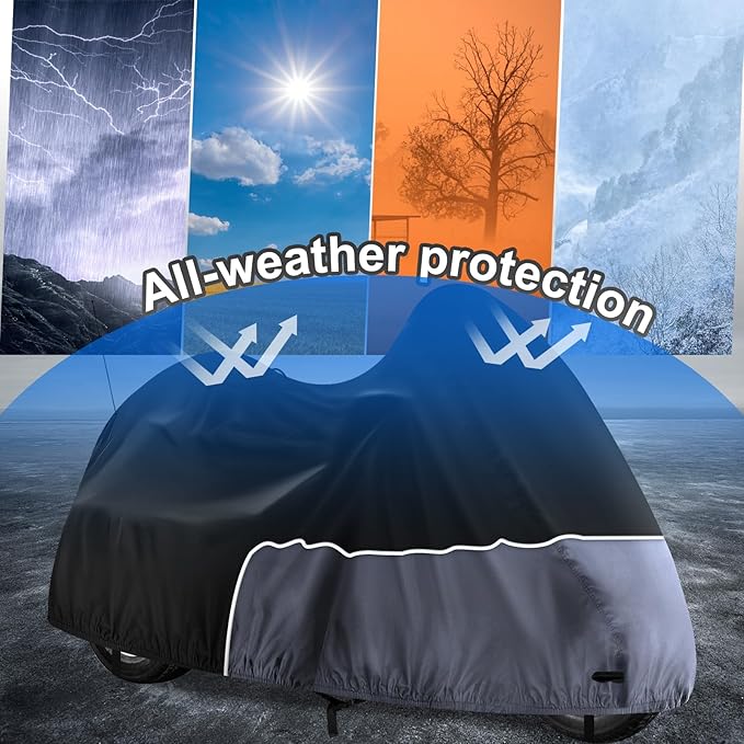 Trike Cover, Waterproof 3 Wheel Motorcycle Cover for Harley Davidson, Honda Goldwing, Kawasaki Trike Accessories, with Windproof Buckle, Reflective Strap, Black&Grey