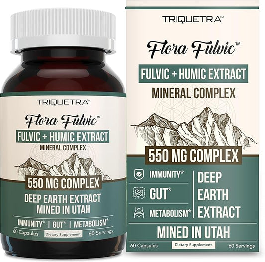 Flora Fulvic | Fulvic Acid + Humic Acid Complex – 550 mg |Mined in Utah, Prehistoric Deep Earth Extract | Immunity, Gut, Digestion – Natural Trace Mineral Complex, Fulvic Acid Supplement – 60 Capsules