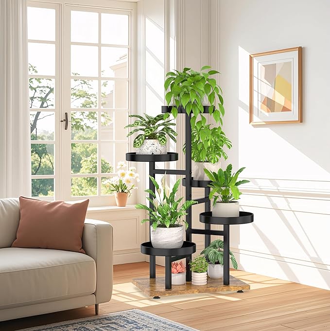 iDavosic.ly 5 Tier Plant Stand Indoor, Tiered Corner Metal Wood Multiple Flower Holder Shelf, Tall Orchid Display Rack for Patio Porch Living Room Balcony Outdoor, Brown