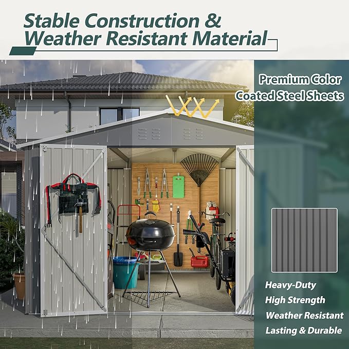 10X10 FT Outdoor Storage Shed,Metal Shed W/Lockable Doors,Air Vents & Sloped Roof,Garden Tool House W/Updated Frame Structure,for Backyard Patio Lawn,Gray