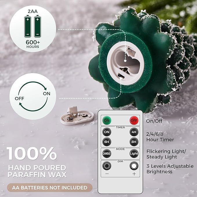 Christmas Tree Candles Covered in Snow with Remote, 2 Pcs Waxy LED Flameless Candles Flickering, Green Electric Candles Battery Operated for New Year Celebration Holiday Decorations 8.5 Inches