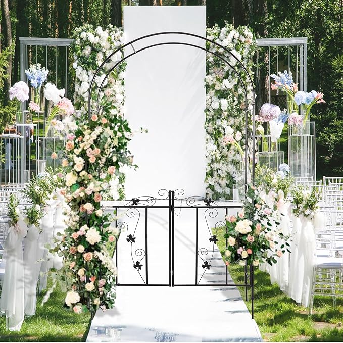 Outdoor Garden Arbors with Gate Door 7’ H x 3’7’’ W Metal Garden Arch Plants Growing for Wedding Party