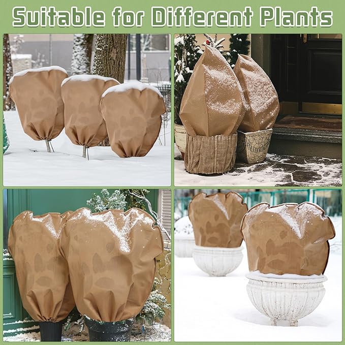 6 Pcs Winter Plant Covers Freeze Protection Reusable Plant Protector Bag with Drawstring Warm Shrubs Cover Frost Protection Planting Jacket Bags for Outdoor Garden, Brown (23.6 x 23.6 Inch)