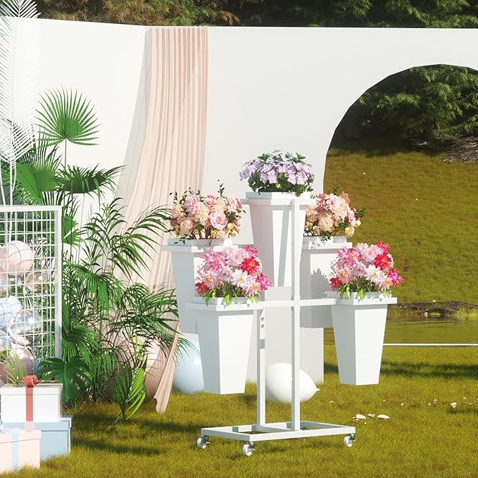 Flower Display Stand with Buckets, Sturdy Flower Cart with Wheels, Metal Bouquet Bar for Wedding, Party, Patio, Bridal Shower, White