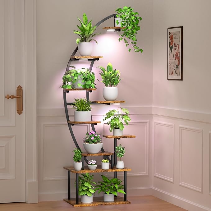 Plant Stand Indoor with Grow Lights, 9 Tier 63" Metal Plant Shelf for Multiple Plants, Tall Plants Shelves Corner Flower Holder, Half Curved Shape Plant Display Rack for Living Room, Balcony, Patio