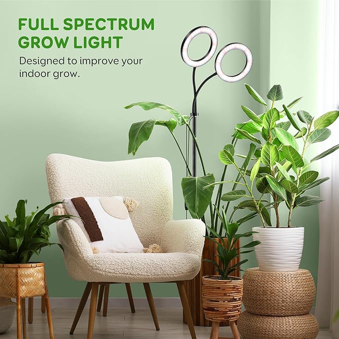 Dual Head Grow Light for Indoor Plants,Full Spectrum LED Halo Plant Lights with Stand, Floor Standing Growing Lamp with Adjustable Height,Auto Timer,Dimmable Brightness for Tall Large Plant