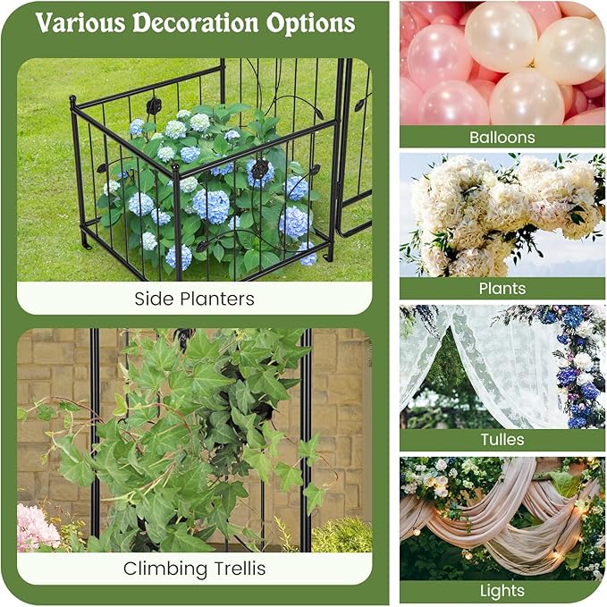 Moccha Garden Arch with Gate and Planter Boxes - 87" Metal Arbor Trellis for Climbing Plants Rose Vine, Heavy-Duty Archway Pergola, Garden Arbor for Wedding Ceremony Decoration Lawn Patio Bridal Party