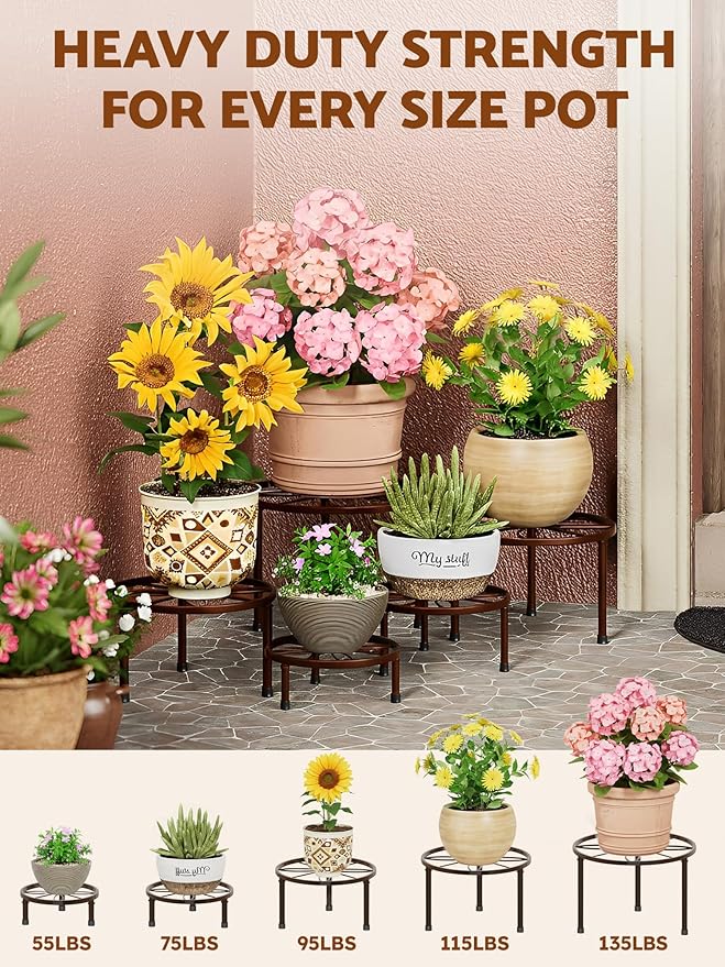 5 Pack Metal Plant Stand Indoor,Anti-Rust Iron Plant Pot Shelf for Planter Outdoor,Heavy Duty Flower Pot Stands for Multiple Plant,Black Potted Plant Holder for Home(BrownLeaf)