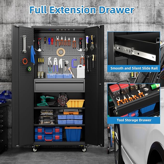 71" H*15" D*30" W Garage Storage Cabinet with Wheels and Doors,Lockable Metal Storage Cabinet with Pegboard Hooks and Drawer for Garage Warehouse Home,Required Assembly,Black