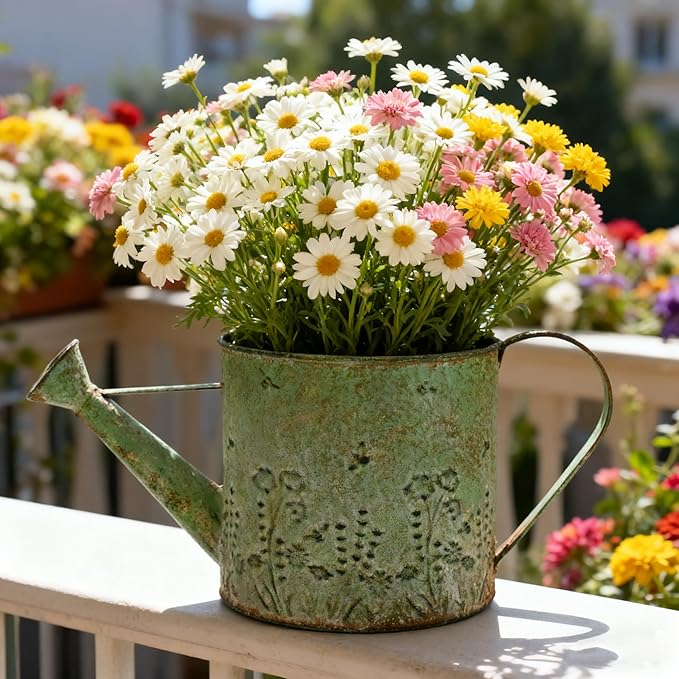 Vintage Metal Watering Can with Floral Embossed Design Garden Distressed Green Decorative Watering Pot Planter Rustic Farmhouse Waterer for Home Indoor Outdoor Garden Balcony Courtyard (Green)