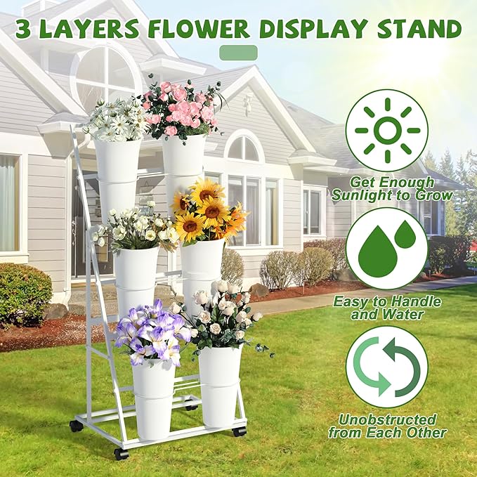 Invech Flower Display Stand with 6 Buckets and Wheels, 3 Tier White Flower Cart Display Stand for Indoor Outdoor Garden, Wedding, Flower Shop (Existing Patent)