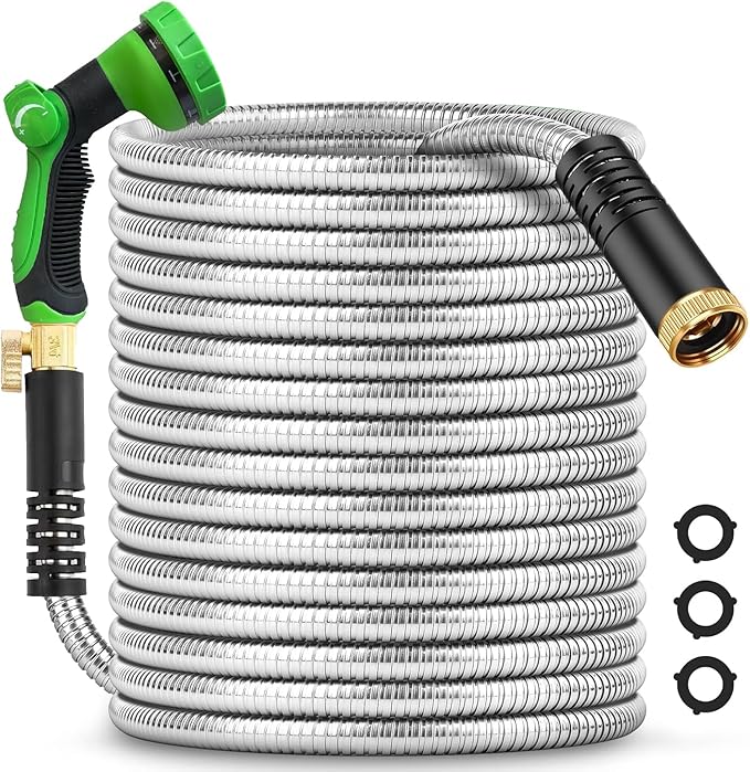 75Ft Metal Garden Hose durable stainless steel Water Hose, flexible, lightweight hose is resistant to kinks and tangles.With 10-way nozzle, strong 3/4” metal fittings, and a Stop Valve.