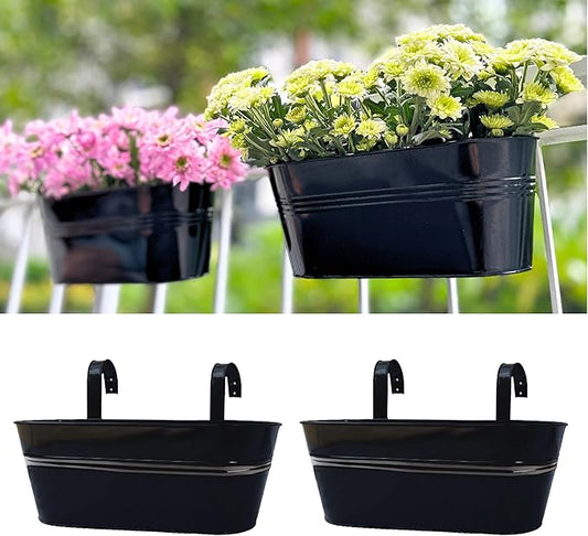 LaLaGreen Outdoor Plants Rail Planter (16 Inch, 2 Pack) Black Metal Iron Hanging Flower Oval Pots Railings Fence Buckets Modern Boho Style Wall Mount Window Boxes Plant Holder Hooks Porch Home Decor