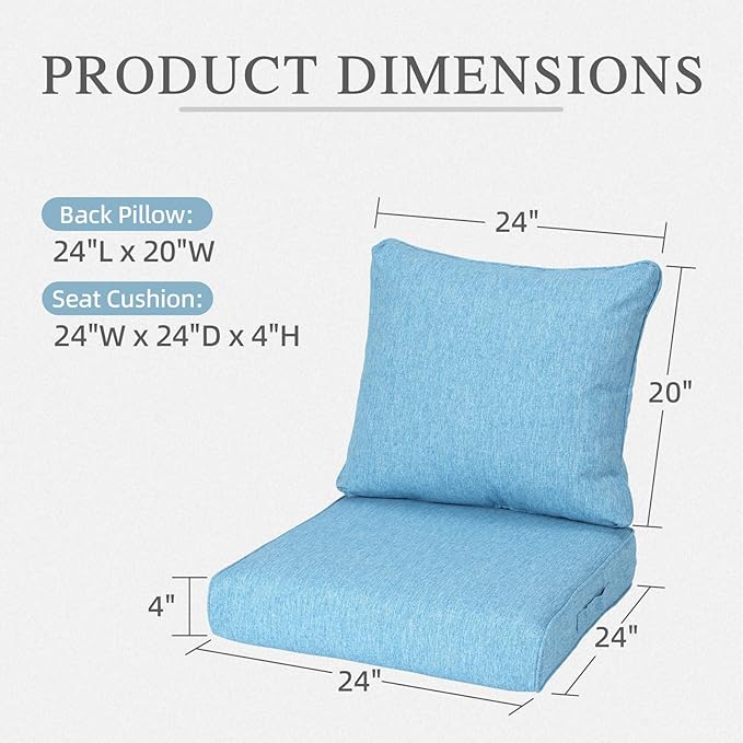 Aoodor 24" x 24" Patio Deep Seat Cushion Set, Water Resistant & Fade Resistant Outdoor Furniture Cushions with Adjustable Straps for Patio, Deck, Garden, Set of 2, Lake Blue