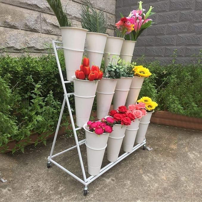 Flower Display Stand with 12pcs Plastic Buckets Iron Plant Stand with 4 Universal Wheel, 3-layers Metal Moving Florist Bouquet Shelf for Fresh Flower Shop (WHITE)