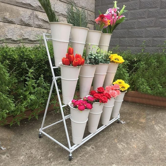 Flower Display Stand with 12pcs Plastic Buckets Iron Plant Stand with 4 Universal Wheel, 3-layers Metal Moving Florist Bouquet Shelf for Fresh Flower Shop (WHITE)