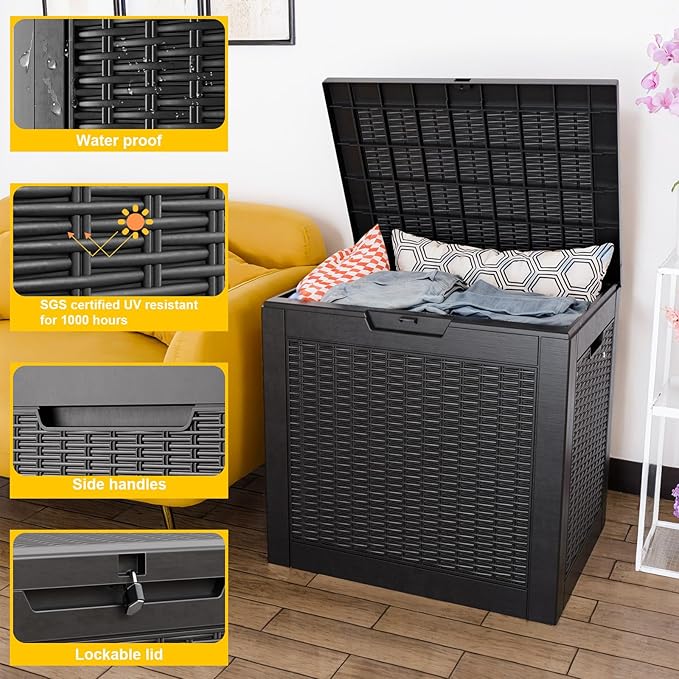 DRATO 31 Gallon Deck Box, Outdoor Storage Box for Patio Cushion, Garden Tools, Waterproof Resin Storage Box (Black，31 Gallon)