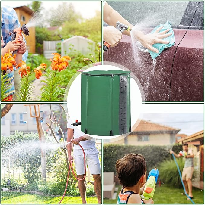 Collapsible Rain Barrel, 50 Gallon Portable Rainwater Collection System, Rain Water Barrel Collector with Volume Scale Mark, Spigots and Overflow Kit, Rain Catcher Barrel for Garden, Green