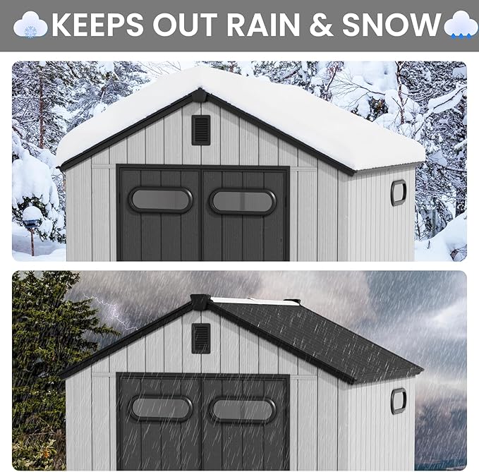 CRESTLIVE 8x8 FT Rust-Resistant Plastic Outdoor Storage Shed, Waterproof Resin Garden Shed with Floor, Doors, Skylight & Vent for Lawn Tools & Bikes