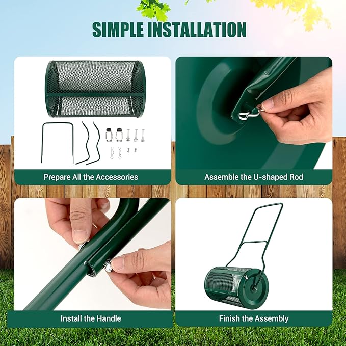 Goplus 24" Compost Spreader, Peat Moss Spreader w/Upgrade U-Shaped Handle, Side Latches, Heavy Duty Metal Mesh Lawn Roller for Topdressing & Seedling, Garden & Lawn Yard Care Manure Spreader, Green