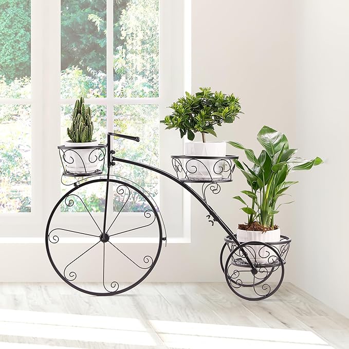 Sorbus Tricycle Plant Stand - Flower Pot Cart Holder - Ideal for Home, Garden, Patio - Great Gift for Plant Lovers, Housewarming, Mother’s Day - Parisian Style (Black)