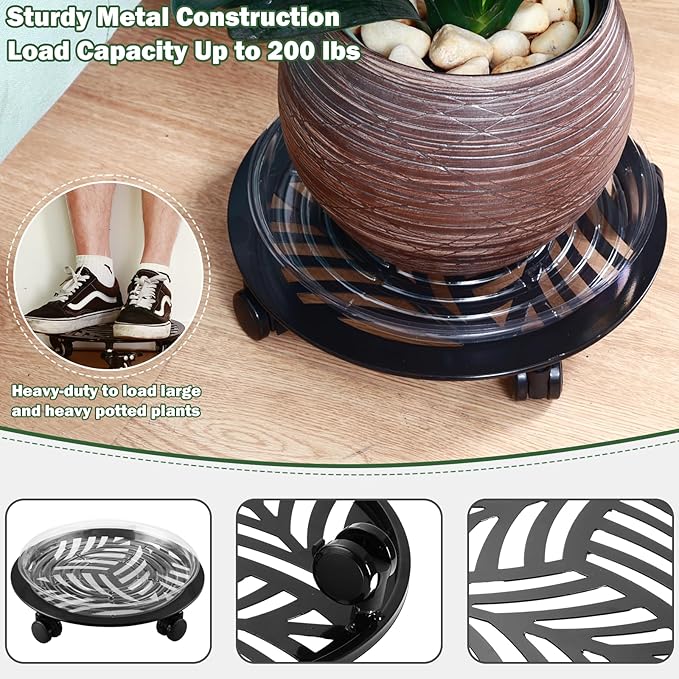 3 Packs Large Metal Plant Caddy with 3 PU Wheels 12" Heavy-duty Wrought Iron Rolling Plant Stands Indoor Outdoor Wheeled Plant Dolly Planter Mover Rollers Plant Trolley Cart, Plant Saucers Included