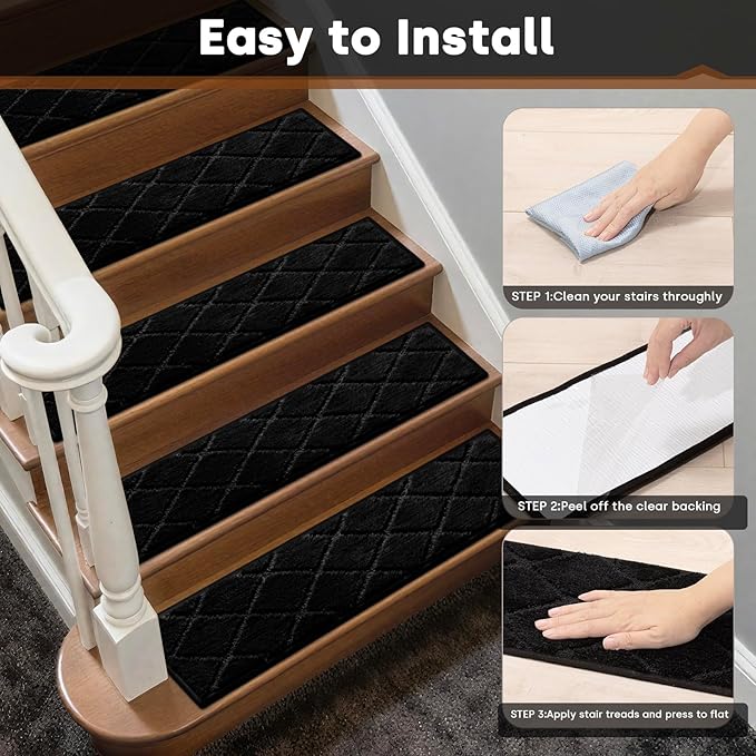 JOENIE Non-Slip Edging Stair Treads Carpet Mat 30inX8in Indoor Stair Runners for Wooden Steps, Edging Stair Rugs for Kids and Dogs, 100% Polyester TPR Backing (Black, 12pc)