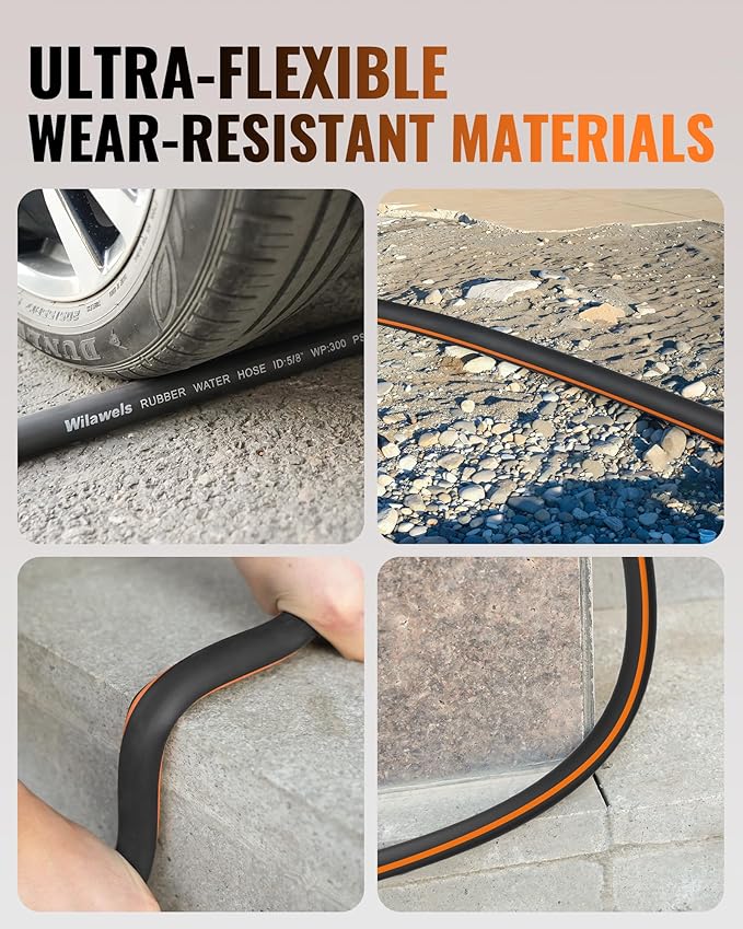 50FT x 5/8" Rubber Rubber Garden Hose, Heavy Duty Garden Water Hose, 300 PSI Working, 1000 PSI Burst, Swivel Handle with Stainless Steel Ring, 5-Layer Braided, All-Weather Outdoor Use