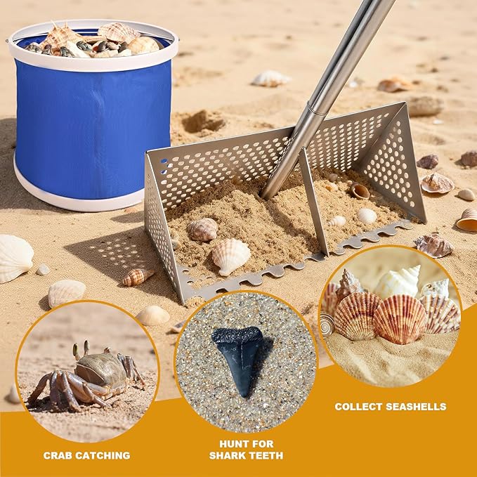 Sea Flea Rake for Beach - Premium 304 Stainless Steel Sand Crab Catcher, Beach Sifter 52’’ Long Handle w Ergonomic Curved Design, Large Basket w Curved Teeth, Sand Sifter for Shark Teeth, Shells