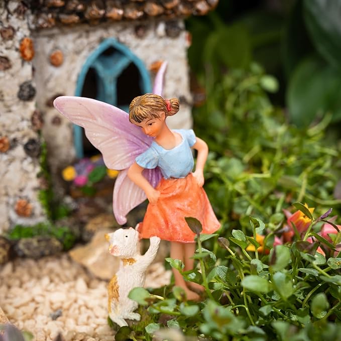PRETMANNS Fairy Garden Fairies – Cute Accessories for Indoor Outdoor Miniature Garden - Figurine Ava with Cat - Hand-Painted Resin Piece