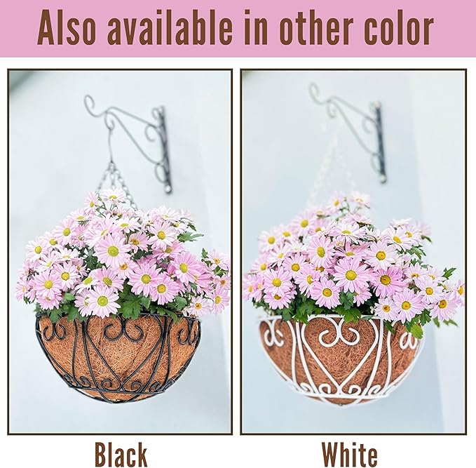 LaLaGreen Hanging Baskets for Plants (14 Inch, 6 Pack) Hanging Flower Pots with Coco Liner, Black Metal Wire Round Basket Plant Holder with Hanger Hook Chain, Outdoor Patio Deck Balcony Garden Decor