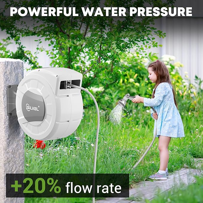 SILVEL Retractable Garden Hose Reel, 1/2 in x 100ft Wall Mount Heavy Duty Automatic Hose Reel with 10 Pattern Nozzle, Any Length Lock & Slow Return System, 180°Swivel Bracket Upgraded UV Resistant