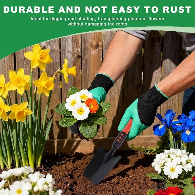 Garden Tool Set, 4 Pack Gardening Tools, Stainless Steel Heavy Duty Hand Cultivator, Hoes, Shovel, for Planting Weeding Digging, Gardening Gifts for Women, Red