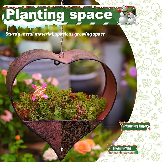Metal Plant Hangers Indoor and Outdoor: Christmas Birthday Gifts for Women Mom Wife Garden Lovers - Heart Shape Hanging Planters Perfect for Window Wall Living Room Office Decor(Rustic)
