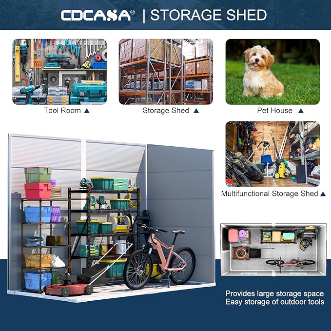 CDCASA 4x8 FT Resin Lean to Shed, Waterproof Outdoor Storage Shed with Floor and Adjustable Openable Windows,Outside Plastic Tool Shed for Backyard Garden Patio Lawn