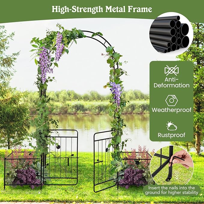 Moccha Garden Arch with Gate and Planter Boxes - 87" Metal Arbor Trellis for Climbing Plants Rose Vine, Heavy-Duty Archway Pergola, Garden Arbor for Wedding Ceremony Decoration Lawn Patio Bridal Party