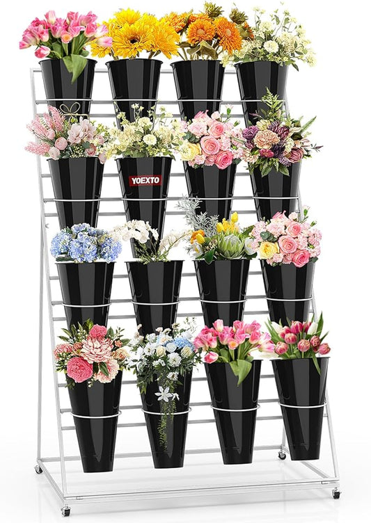 Flower Display Stand with Buckets, 4 Layers 16 PCS Buckets Plant Stand with Wheels, Movable Metal Plant Stand for Terrace Garden, Living Room, Florist Shop (White Frame - Black Buckets, 4-Tier)
